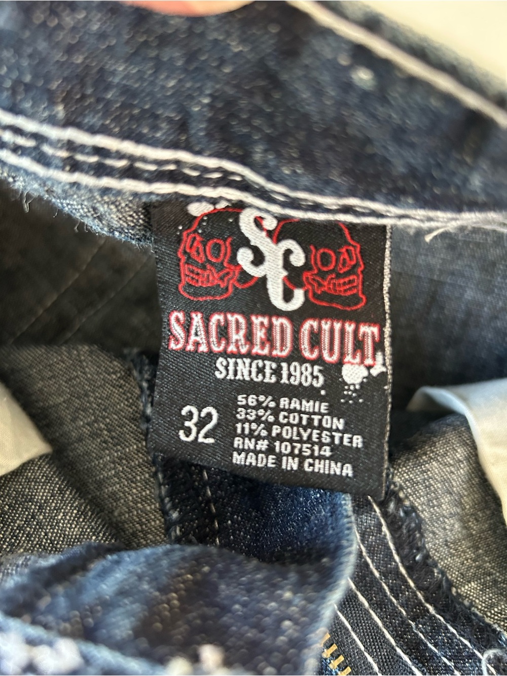Men’s Sacred Cult Baggy Denim Shorts with Blue Skull Stud Accents - Picture 6 of 12